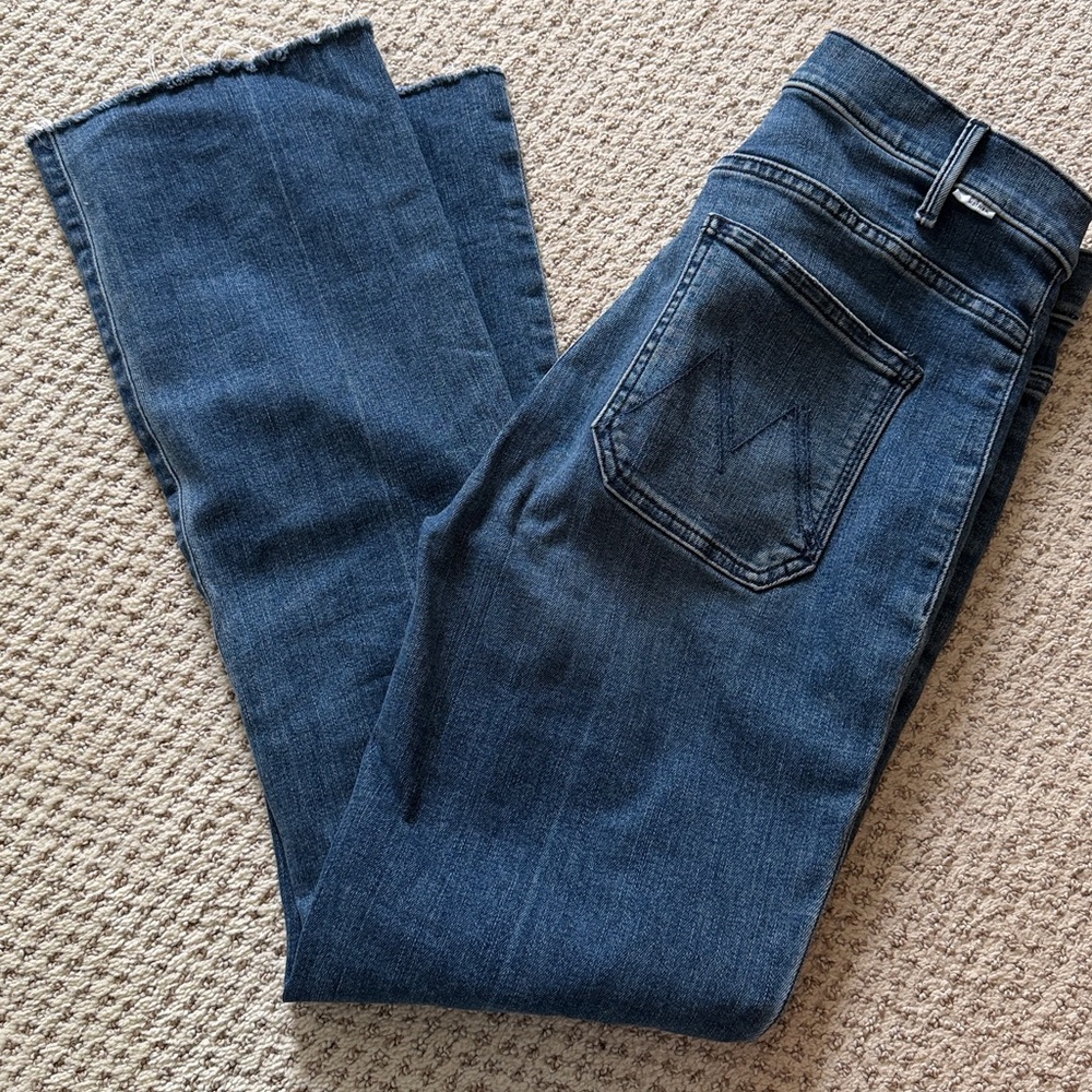 Mother Denim Patch Pocket ankle fray High waist flare